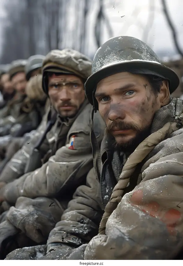 A group of soldiers in winter gear pose for a photo during World War II.