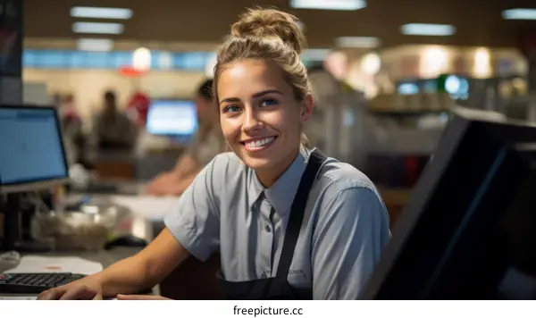 Portrait of a young woman working as a cashier in a supermarket