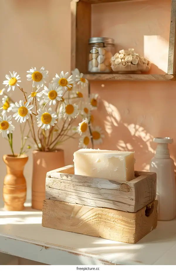 Handmade Soap Bar With Daisies In Wooden Box