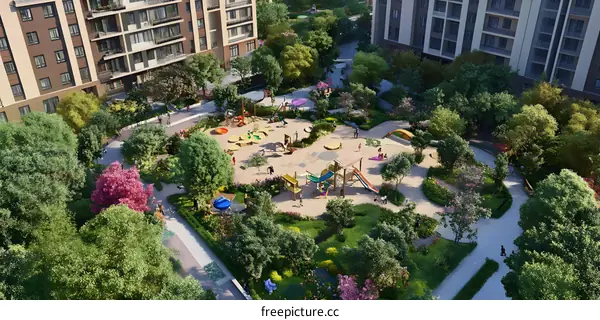 Aerial View of a Modern Residential Building with Playground and Green Space