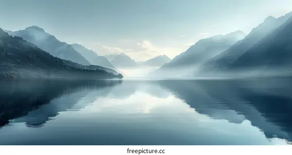 Tranquil Blue Lake with Mountains and White Fog