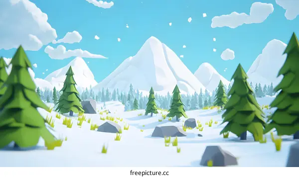 Low Poly Winter Scene with Snowy Mountains and Trees