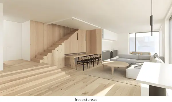 Modern Minimalist Interior Design With Wooden Staircase