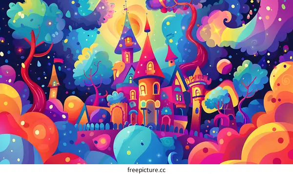 Fantasy Castle Illustration with Colorful Trees and Stars