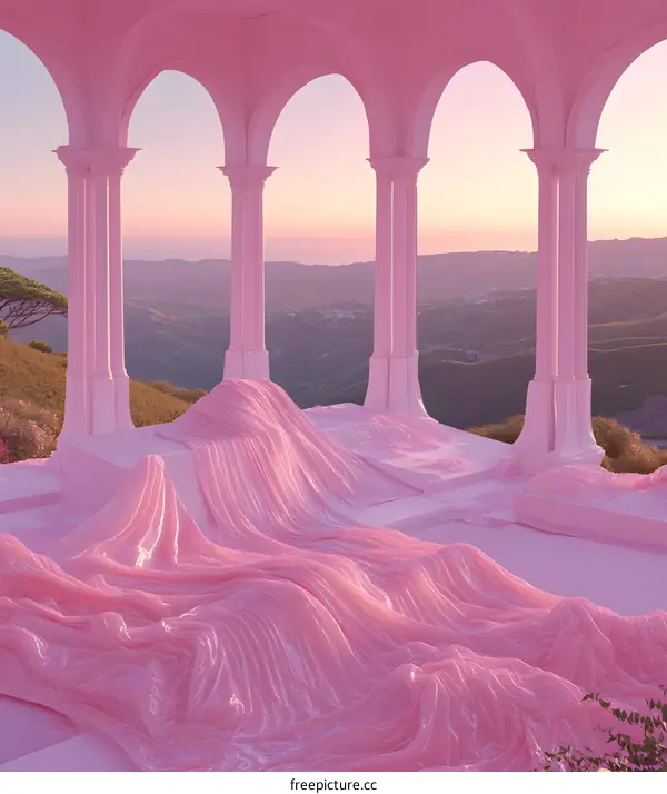 Pink Architecture With Drapes Overlooking Hills
