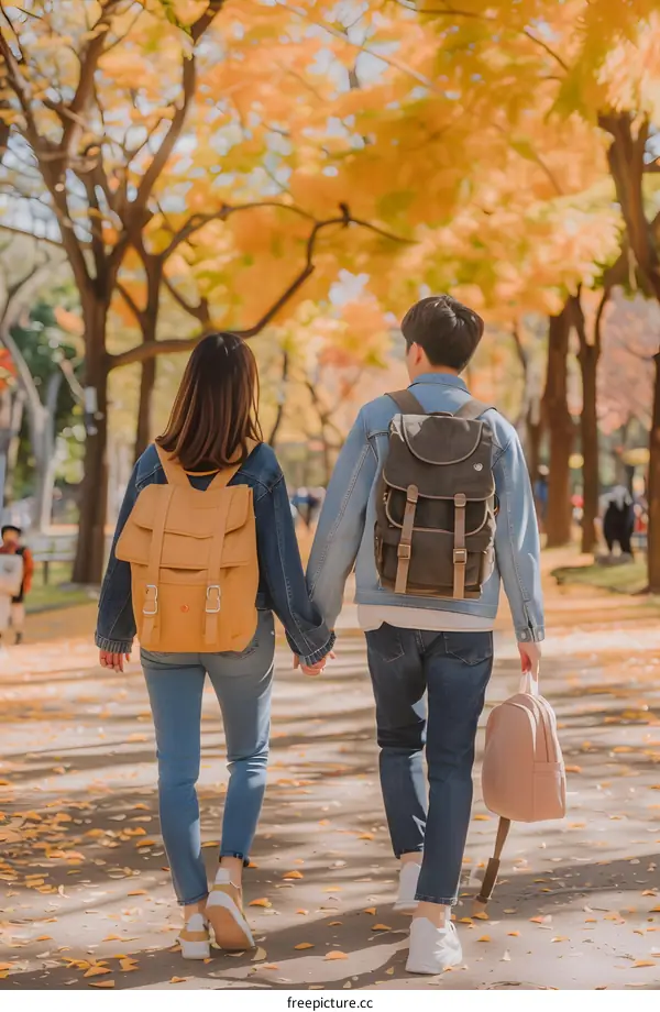 Couple Walking Through Autumn Leaves Holding Hands