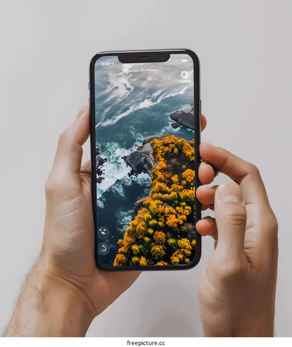 Hand Holding Smartphone Showing Aerial View of Ocean and Trees