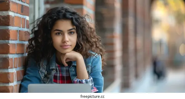 Portrait of a young woman leaning against a brick wall and looking at the camera