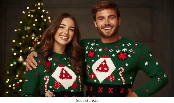 Couple Wearing Christmas Ugly Sweaters by the Christmas Tree