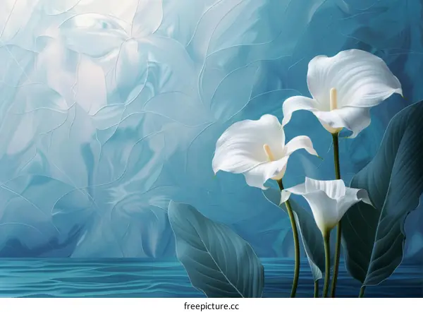 Three White Calla Lilies Against a Blue Textured Background