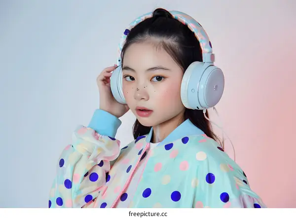 Young Asian Girl with Headphones Listening to Music