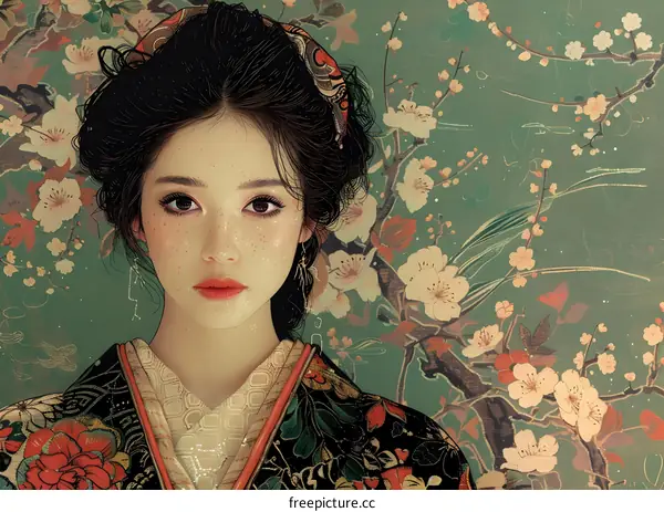 Portrait of a young Japanese woman in traditional kimono with floral background