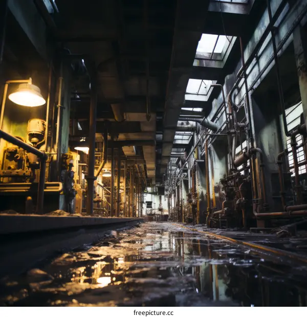 An eerie abandoned factory building with water on the floor