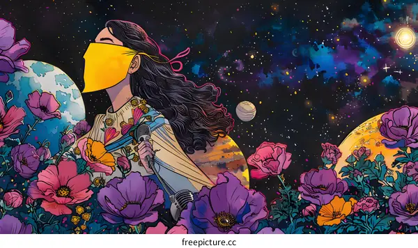 Woman in Space with Flowers and Planets