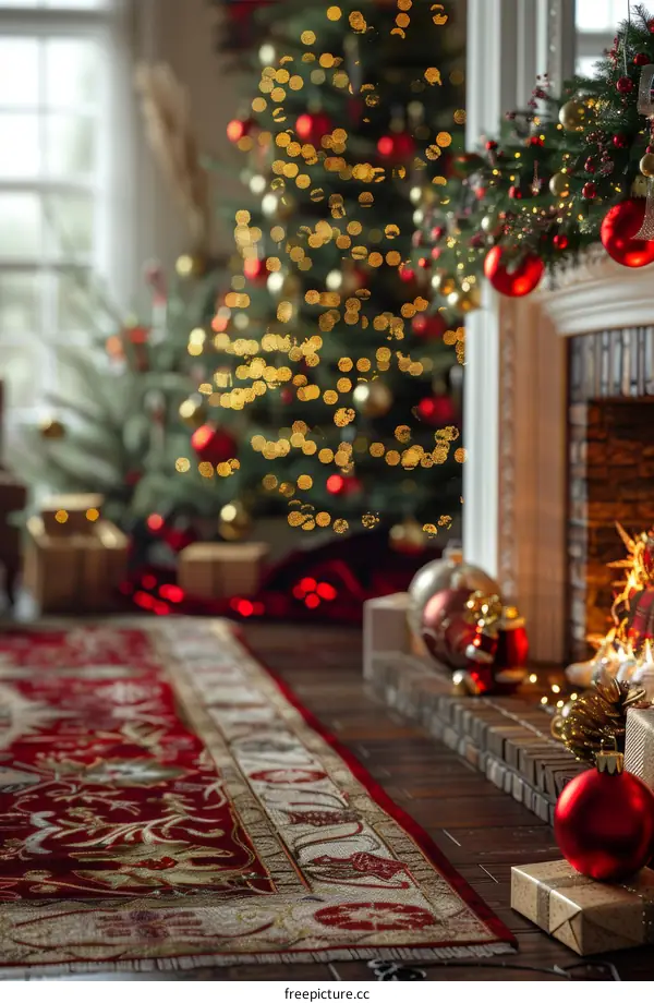 A Christmas tree decorated by the fireplace