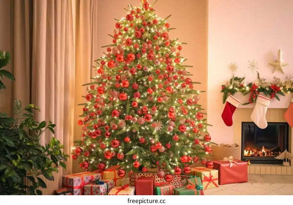 Christmas tree decorated with red ornaments and presents under the tree