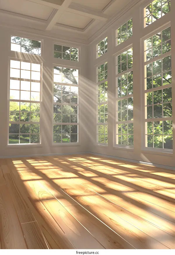 Empty Room With Sunlight Through Large Windows