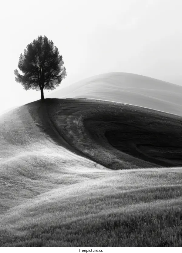 black and white photo of a lonely tree on a hill