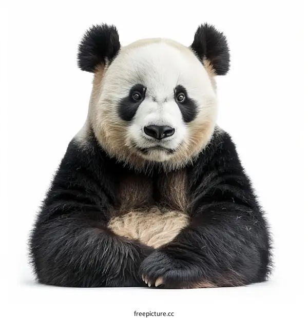 A giant panda bear sitting on a white background with its paws in its lap