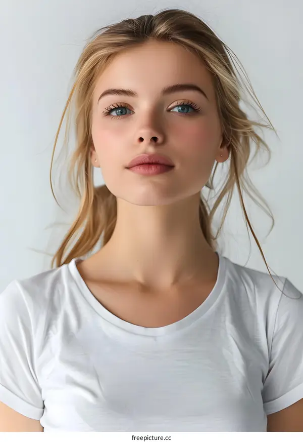 Young beautiful blonde woman with blue eyes in white t-shirt