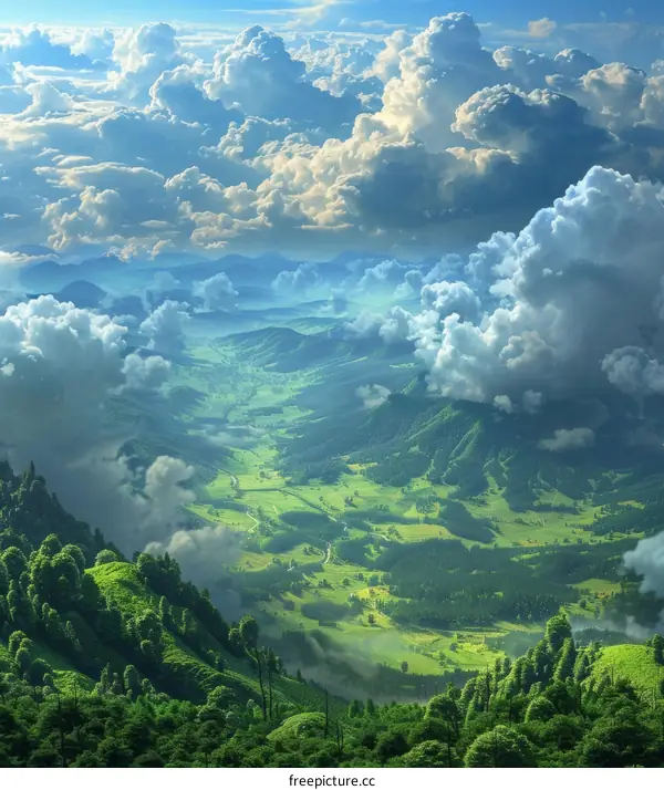 Green valley between high mountains with clouds in the sky