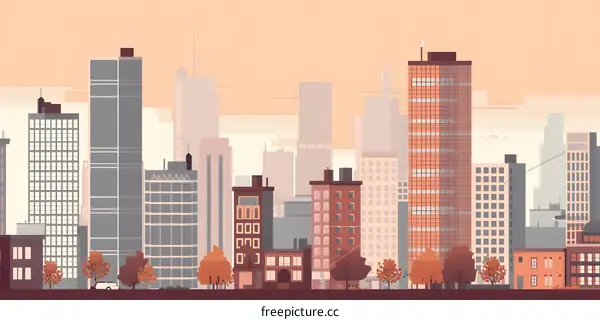Cityscape with Tall Buildings and Autumn Trees