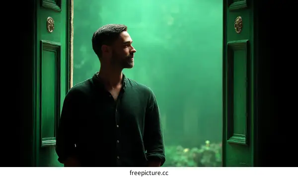 Man Standing at Green Doorway in Misty Woods
