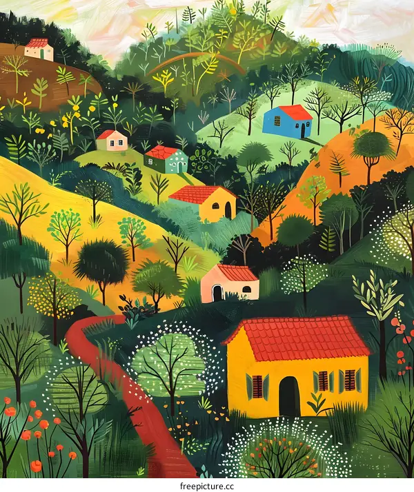 Colorful Illustration of Houses in a Green Forest