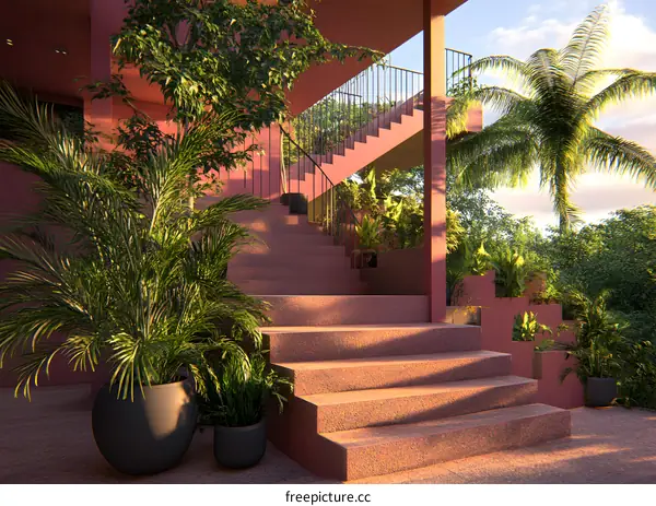 Pink Concrete Staircase With Tropical Plants