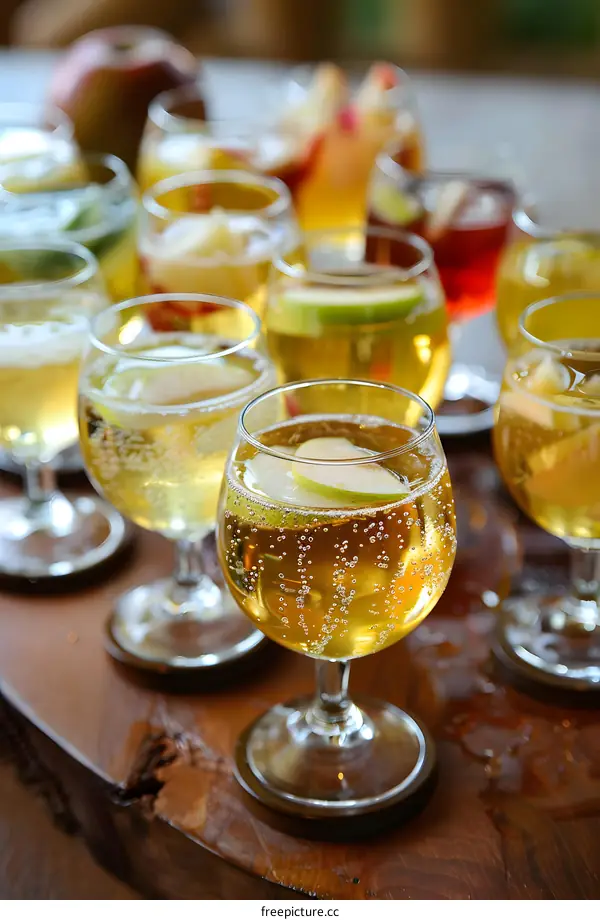 Sparkling Apple Cider in Glasses on Wooden Table