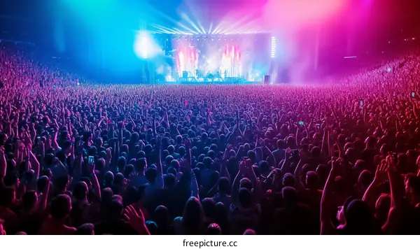 Crowd of People at a Concert with Colorful Stage Lights