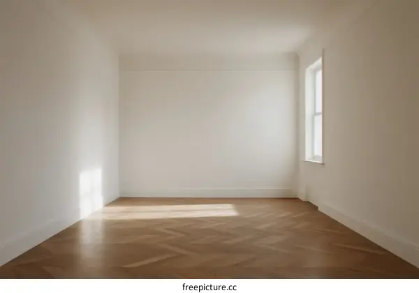 Empty room with white walls and wooden herringbone floor