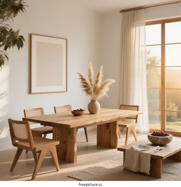 Modern wooden dining table with natural light in bright living room