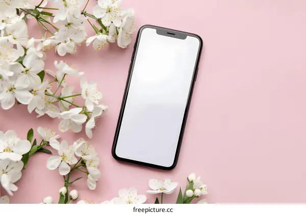 Smartphone Mockup with White Flowers on Pink Background