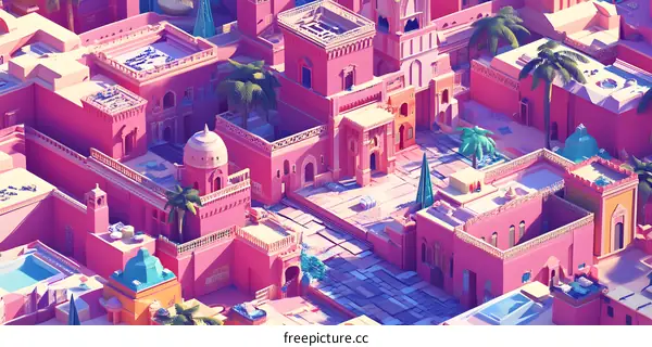 Pink City Illustration of Buildings with Palm Trees