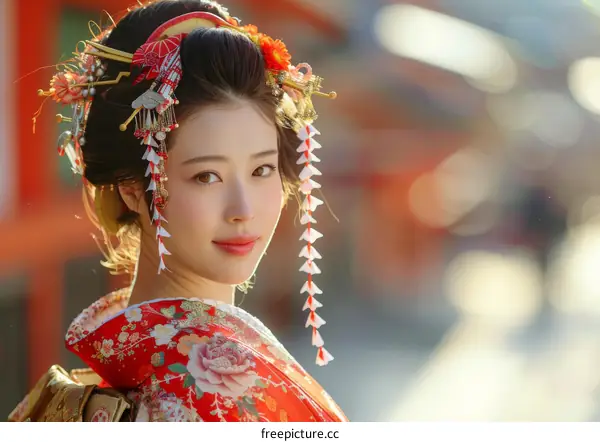 Portrait of a Japanese woman wearing a kimono