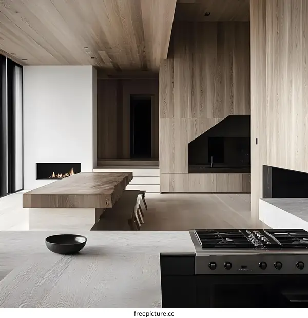 Modern Kitchen Interior Design with Wooden Walls and Natural Light