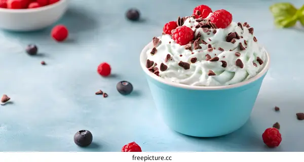 Mint Chocolate Chip Ice Cream with Raspberries and Blueberries