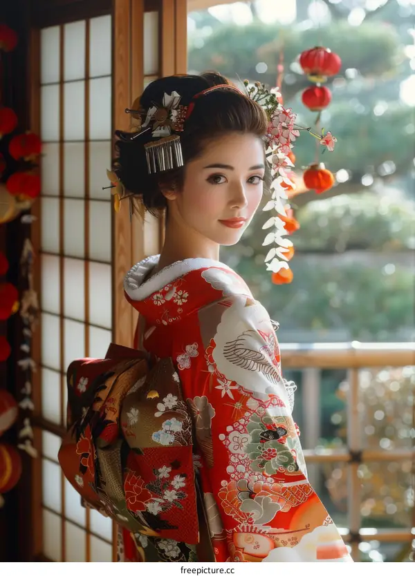 Portrait of a beautiful Japanese woman in traditional kimono