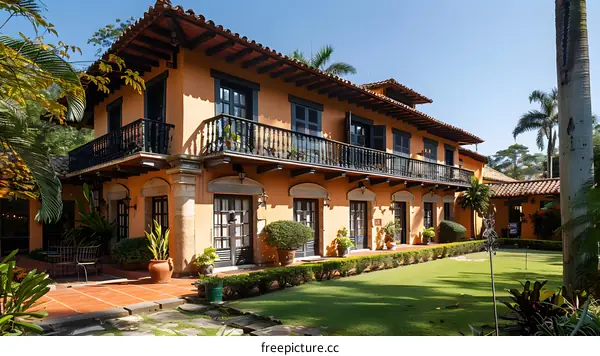 Orange Spanish Colonial Style House With Balconies