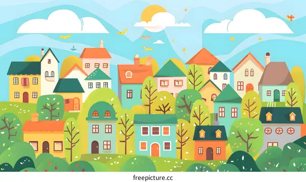 Cute Colorful Cartoon Illustration of a Small Town Village