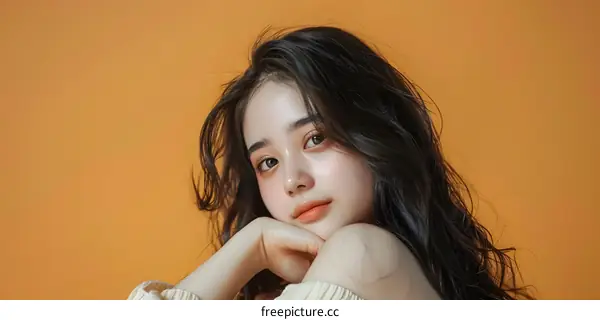 Portrait of a Young Asian Woman with Long Dark Hair Against a Yellow Background