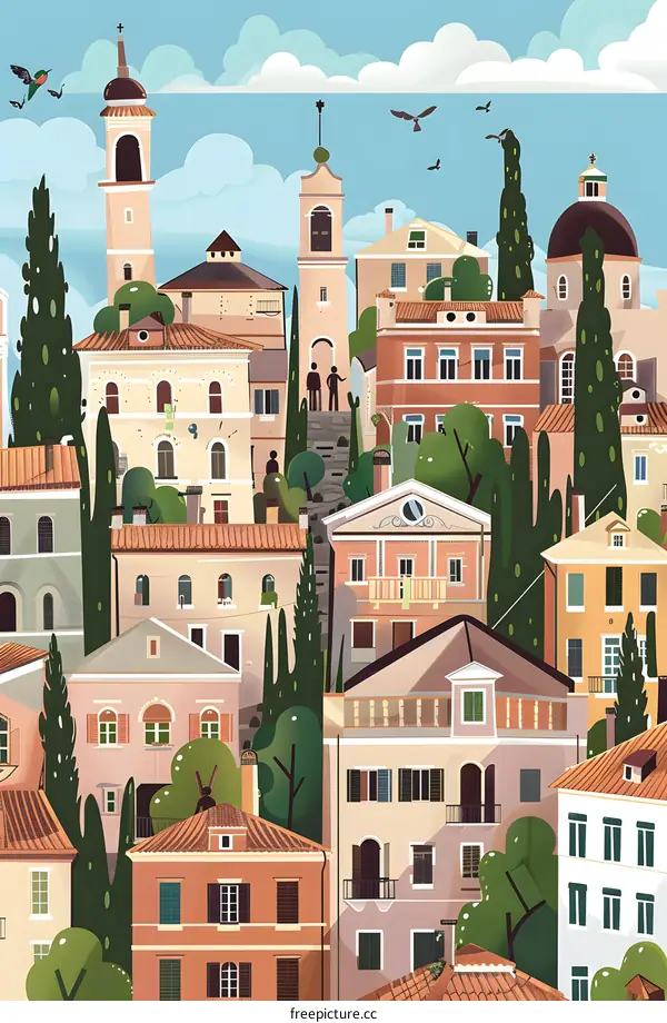 Colorful European Cityscape Illustration