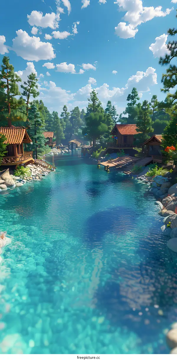 Tranquil Lake Scene With Wooden Houses And A Bridge