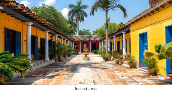 Yellow Colonial Building Courtyard With Palm Trees