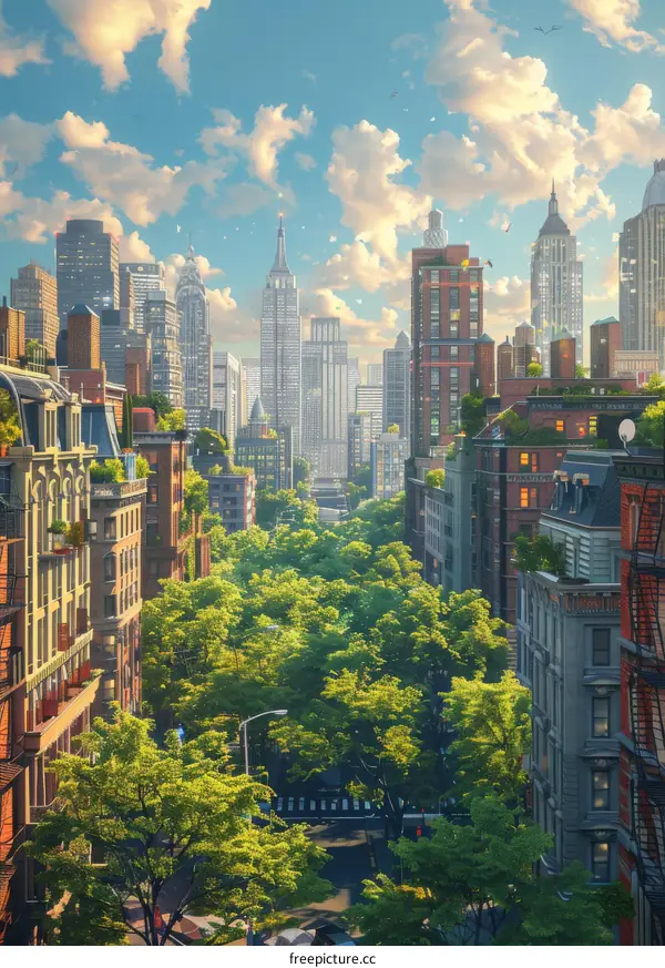 Cityscape Illustration with Lush Green Trees