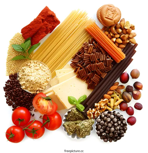 Variety of Food Items Arranged on a White Background