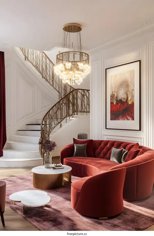 Modern Interior Design with Red Sofa and Curved Staircase