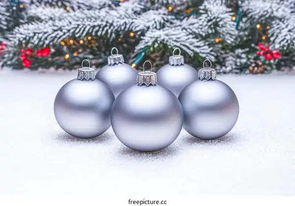 Four Silver Christmas Ornaments on Snow