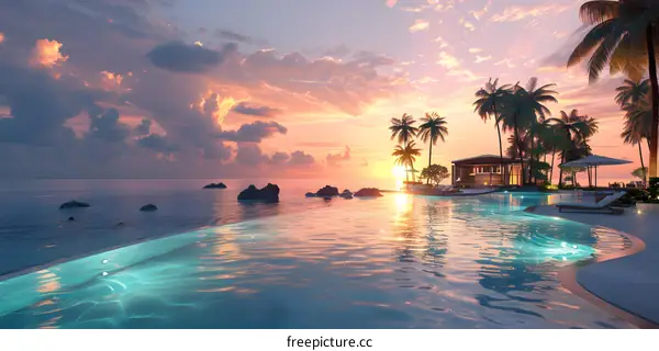 A beautiful sunset over the ocean with palm trees and a swimming pool